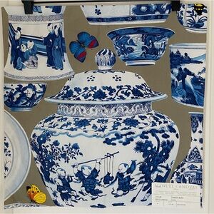 Manuel Cánovas Jardin Bleu Cotton Fabric Sample White Indigo Pottery Butterfly